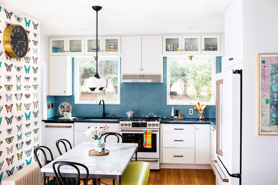 Blue tile backsplash kitchen