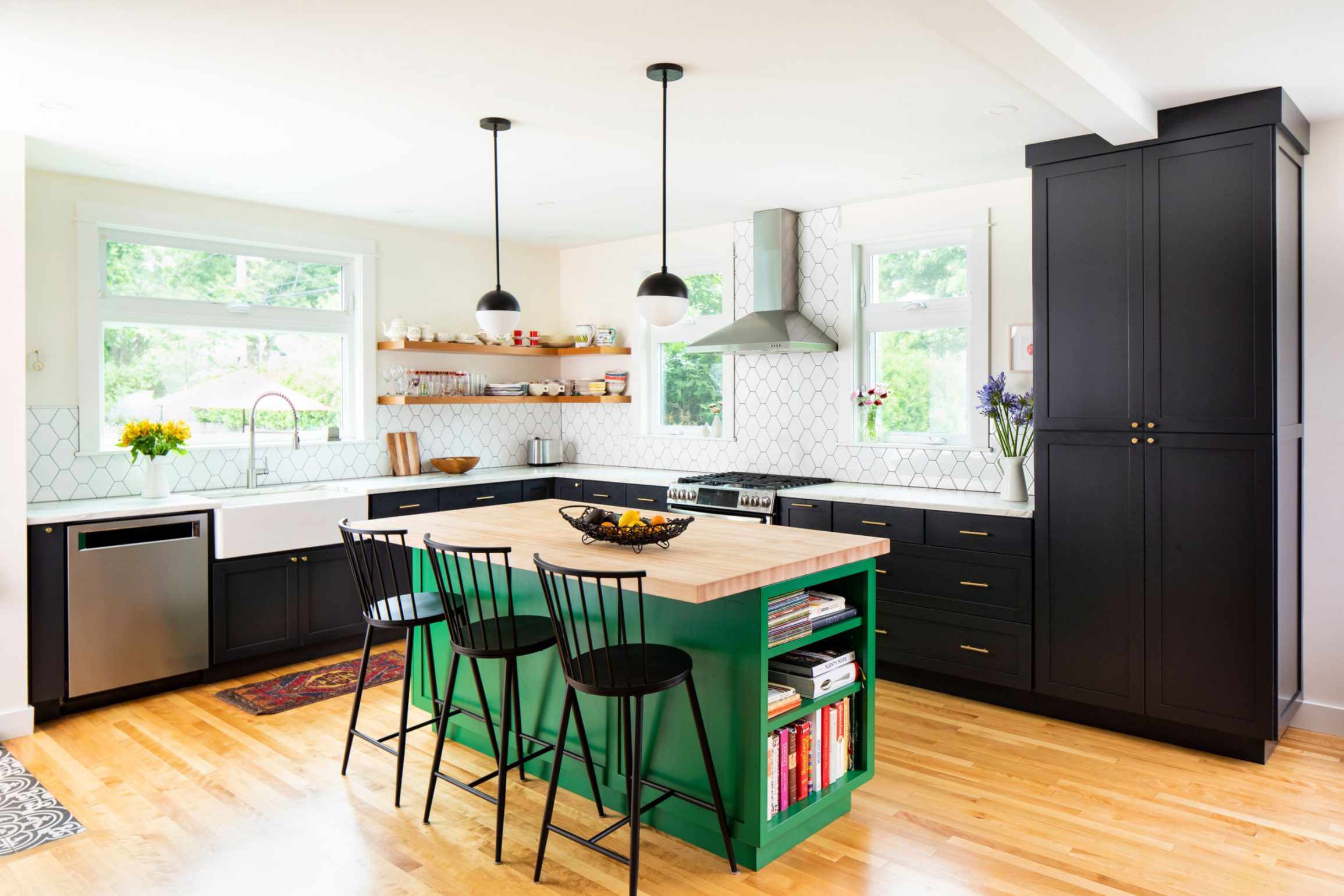 Kitchen with green island