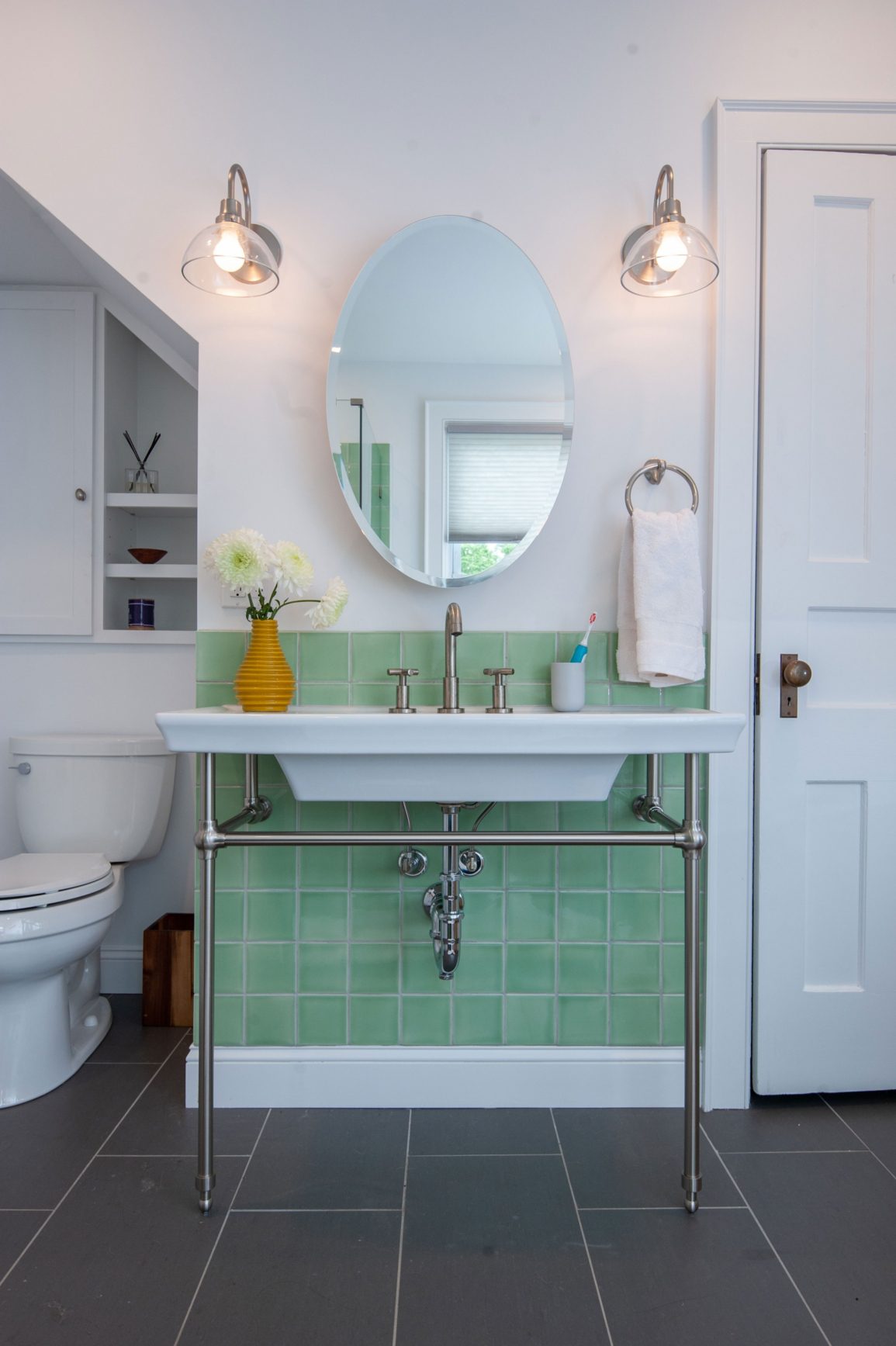 Green tiled bathroom vanity