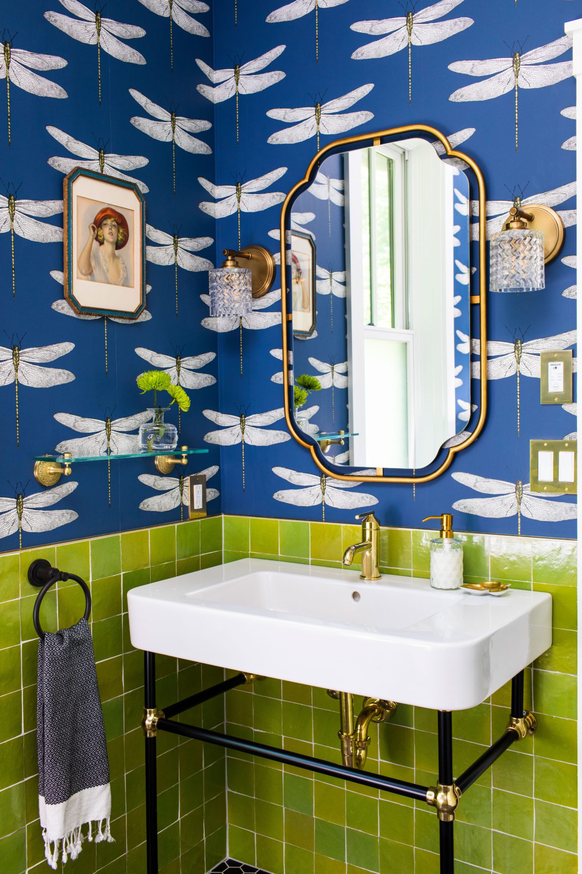 Blue dragonfly wallpaper bathroom with green tile