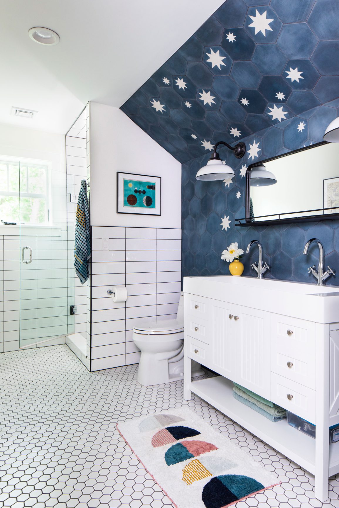 Starry tiles in white bathroom