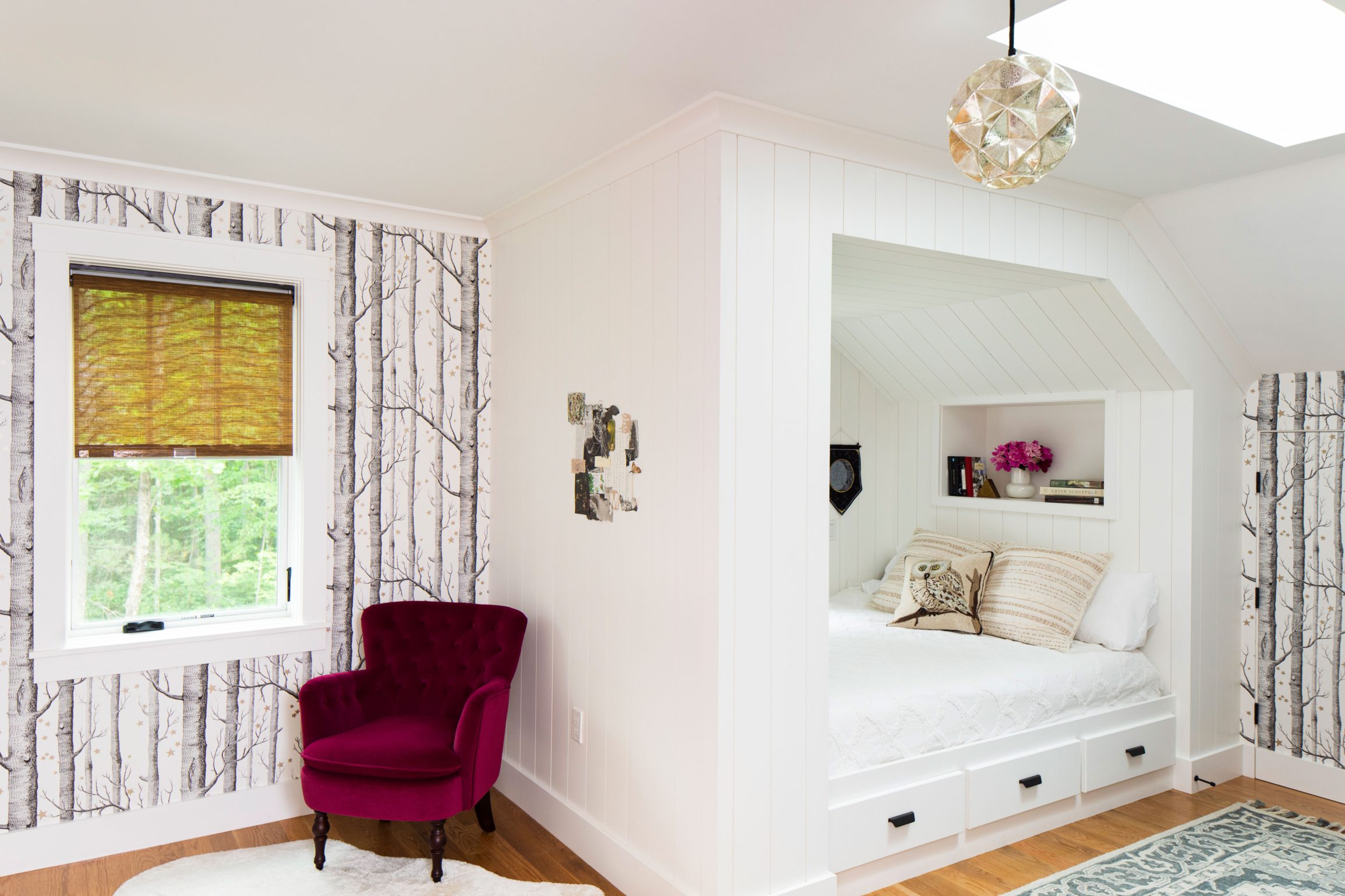 Tree wallpaper bedroom with sleeping nook